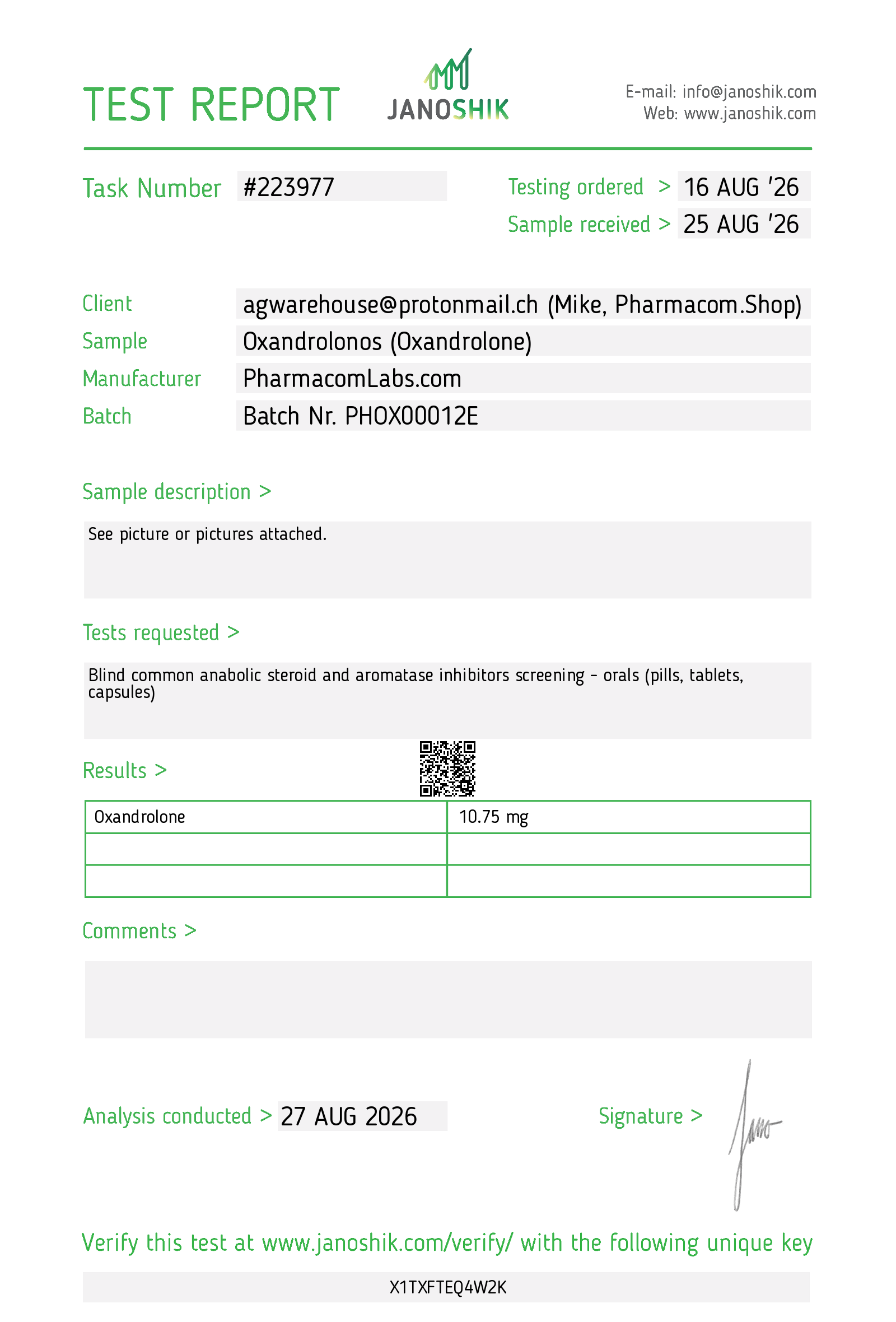 Lab test report for Pharmacom Labs Oxandrolons 10 mg – Janoshik Lab Report