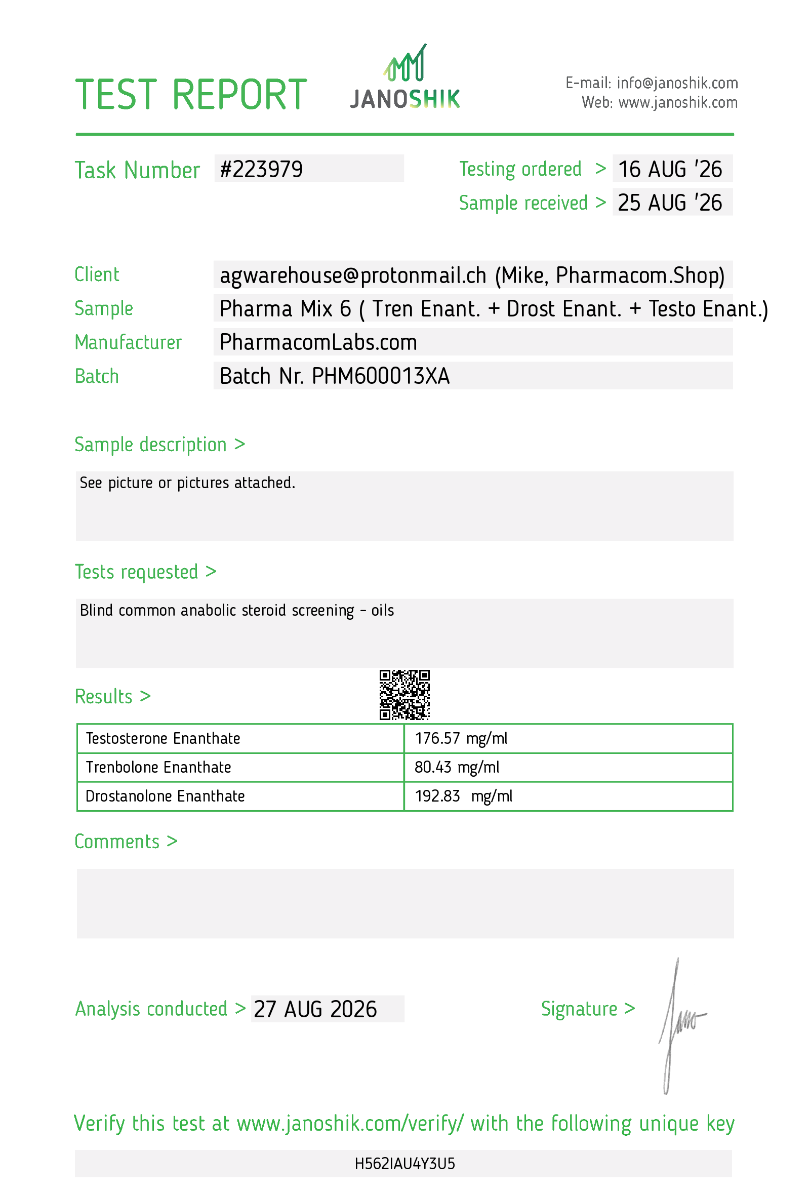 Lab test report for Pharmacom Labs Pharma Mix 6 – Janoshik Lab Report