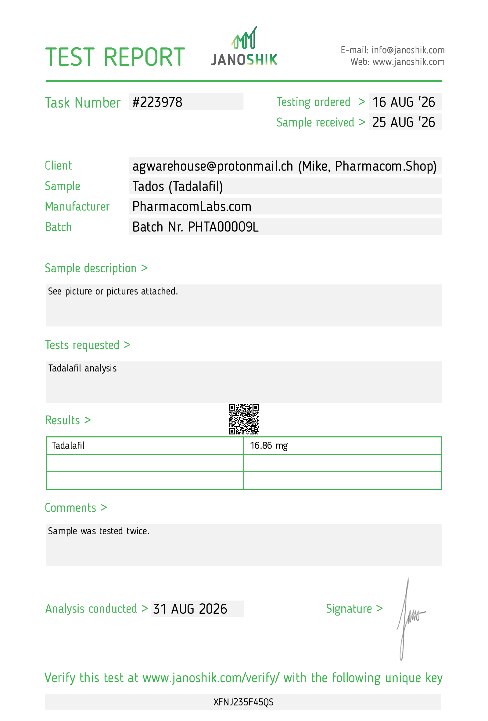 Lab test report for Pharmacom Labs Tados (Tadalafil) – Janoshik Lab Report